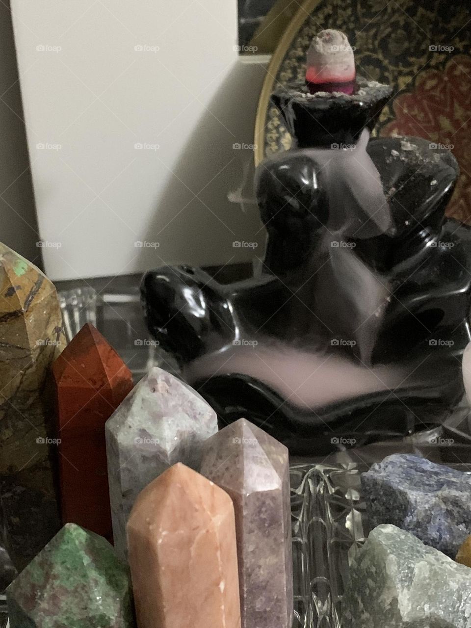 Tranquility crystals and incense burning 