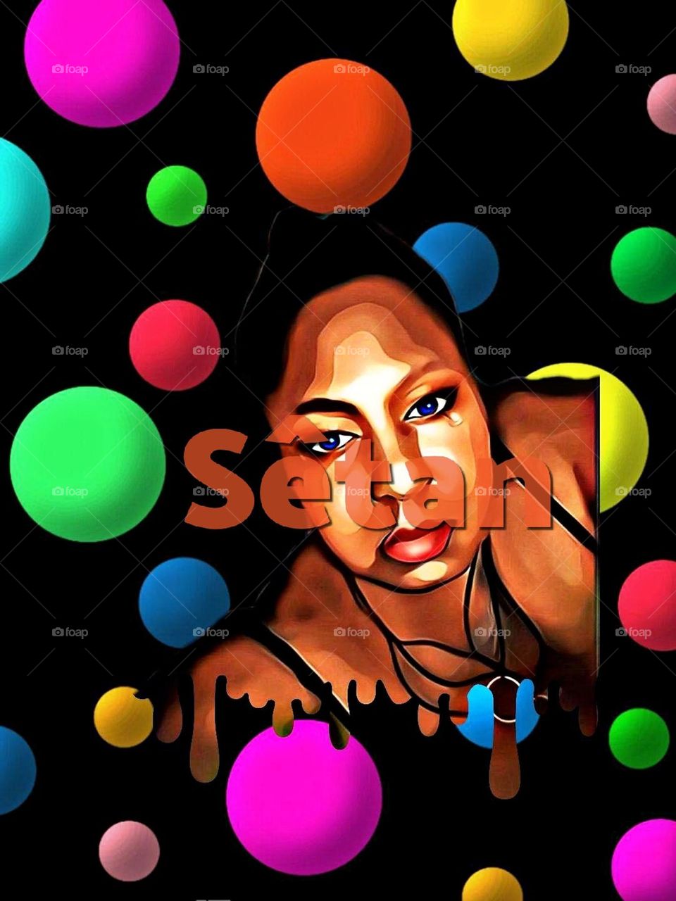 Woman in the spectrum. Colorful orbs surrounding.