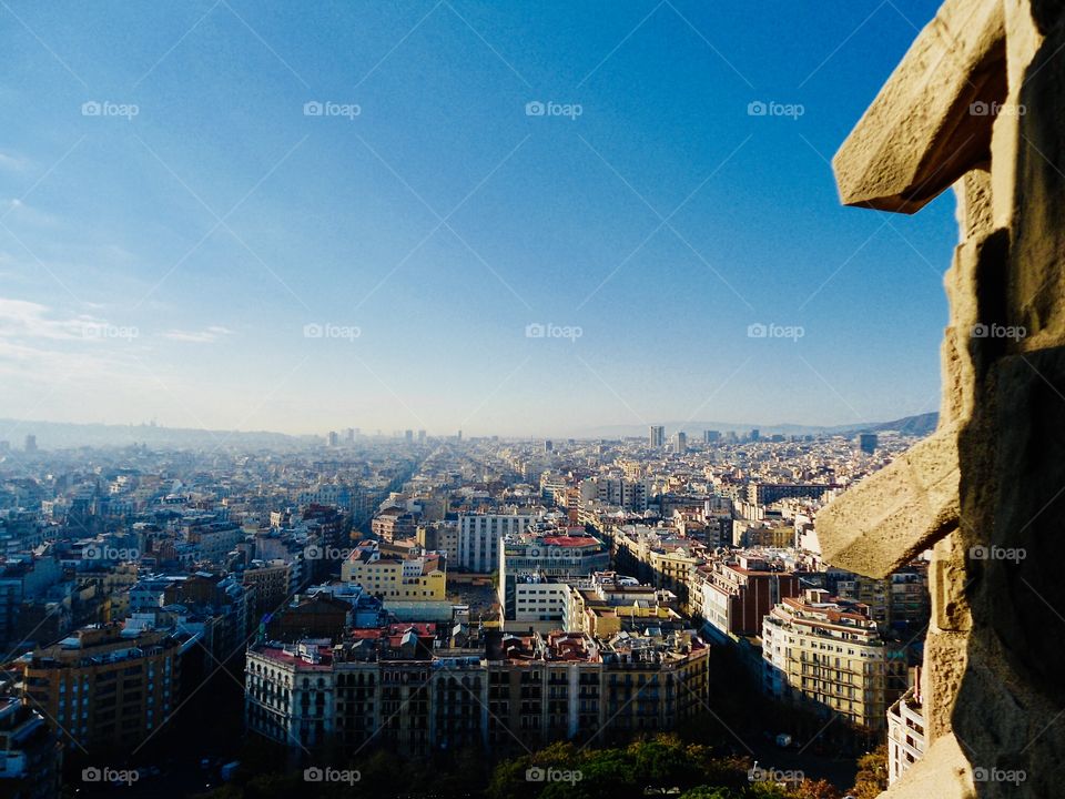 A view to Barcelona from the tower of Sagrada Famiglia church on a sunny day