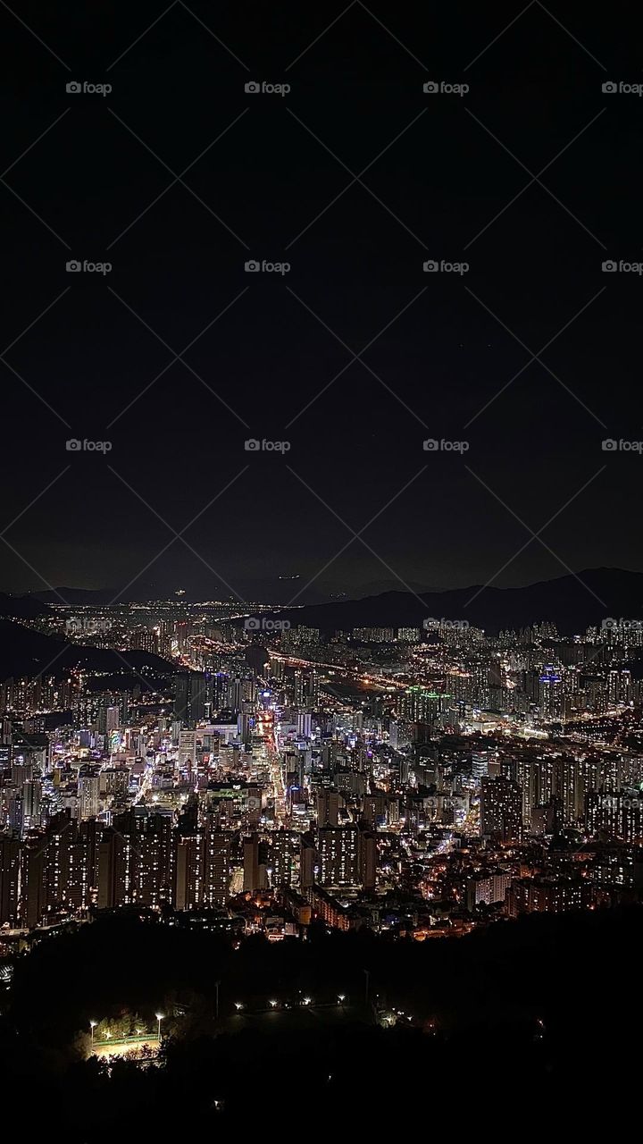 Night city view from the top of the mountain, Busan, South Korea 