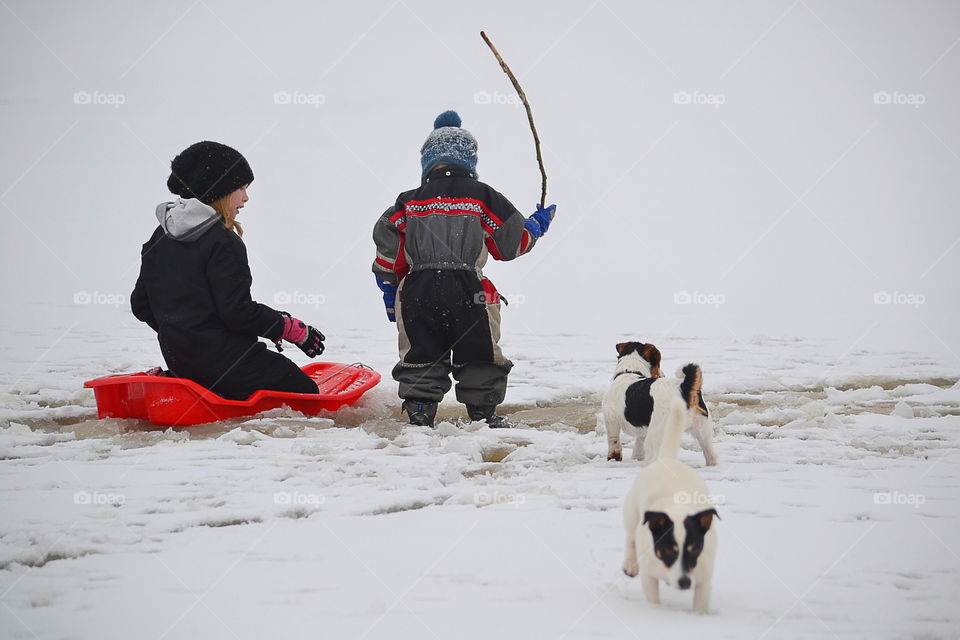 Brother and sister sledge sliding on snow with dogs