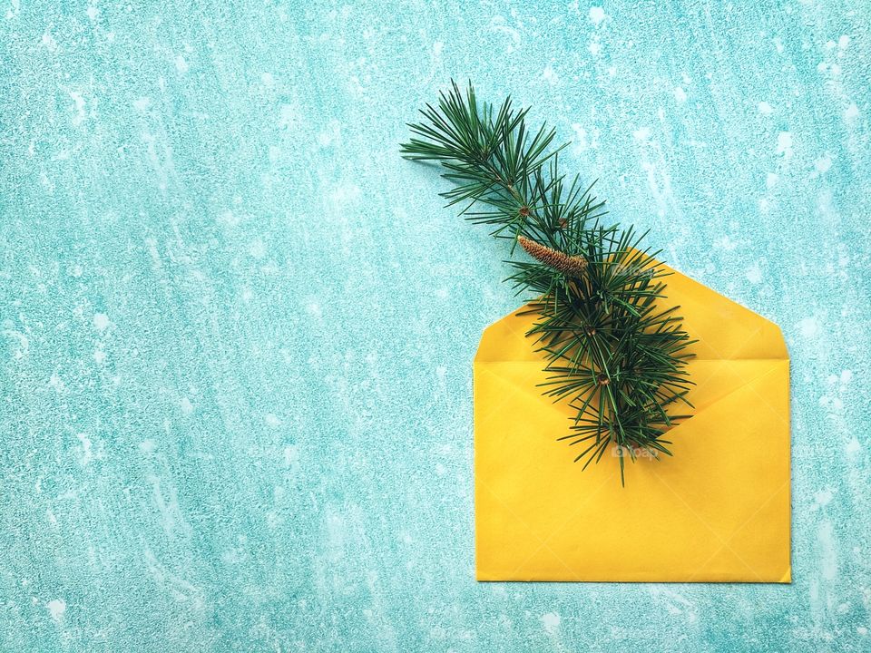 Christmas or New Year composition.  Paper yellow envelope with fir branches on a blue background. Flat lay. Top view.