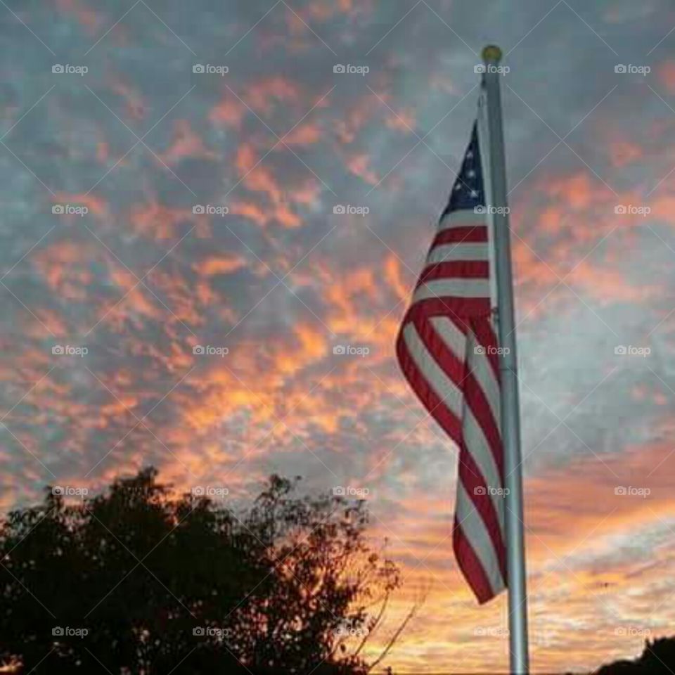 Sunset over American Flag
