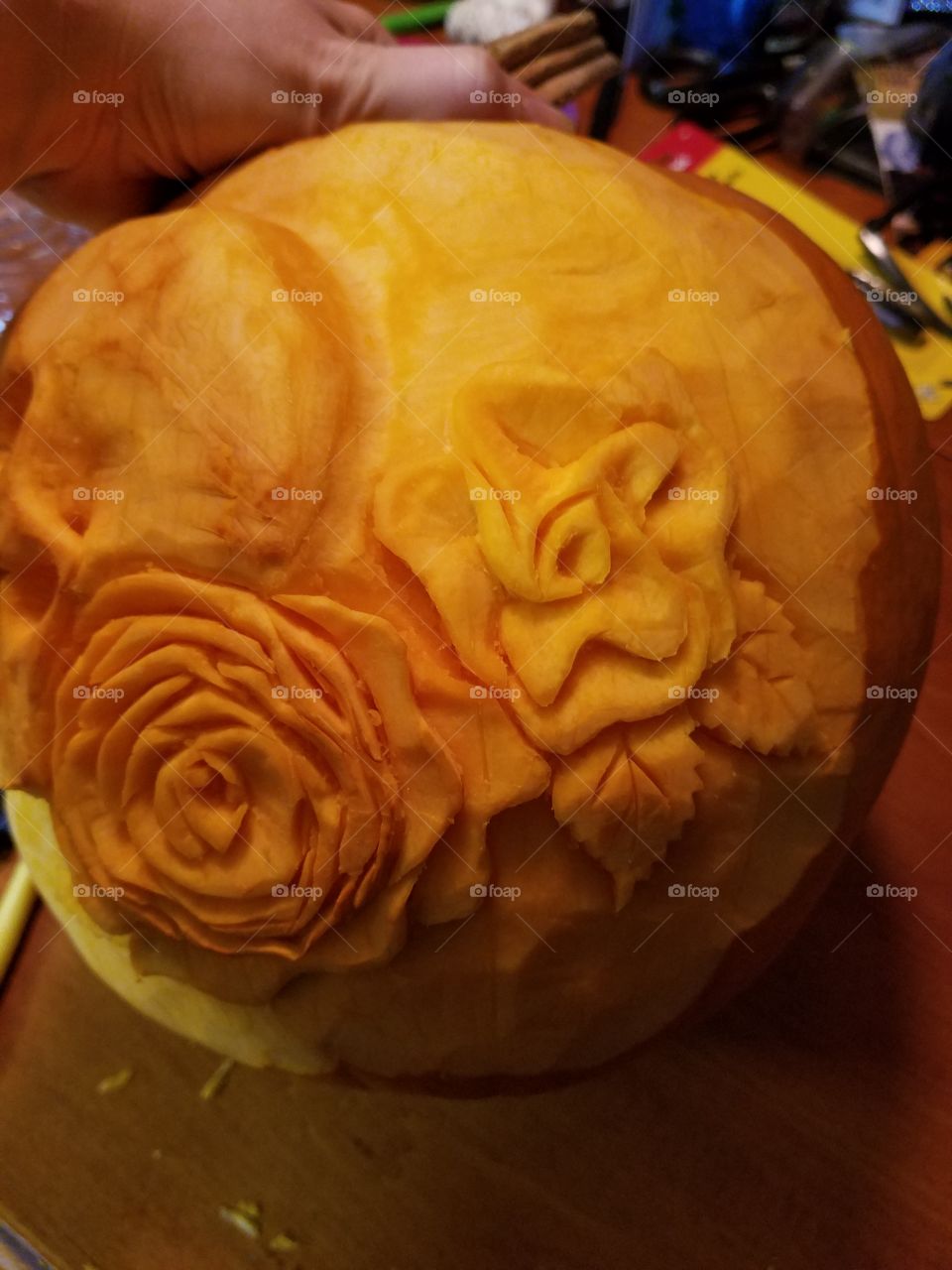During the carving process of the roses...