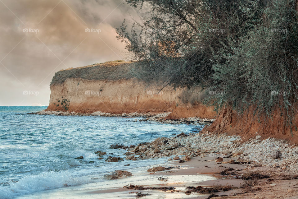 Seascape on sunset. Crimea, Black Sea, West coastline