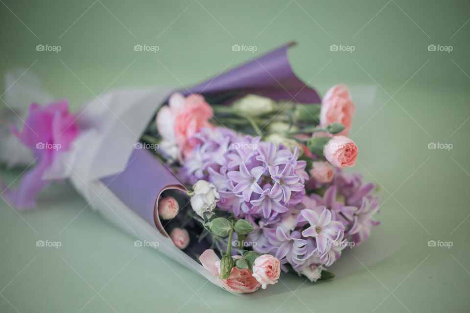 Spring bouquet in pink and purple colors 