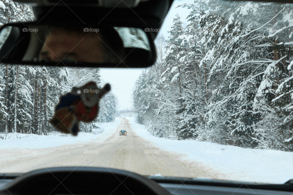 the view from the car on the winter road