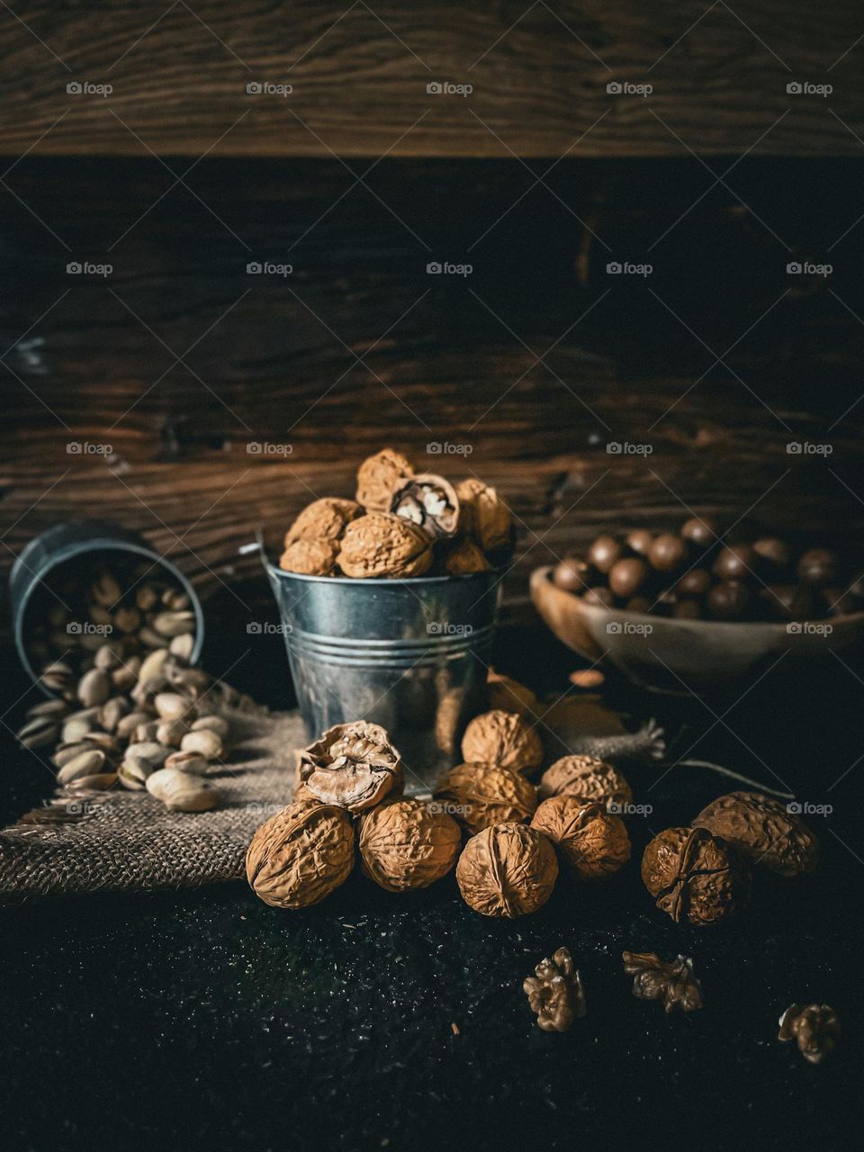 Nuts in vintage mode. Walnut, pistachios, macadamias and almond