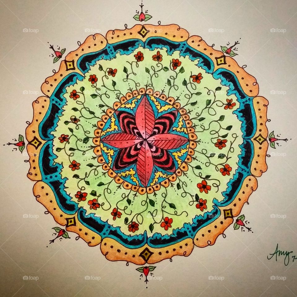 Mandala. hand drawn, ink and colored pencil