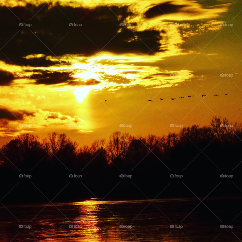 Sunset view on the lake. 