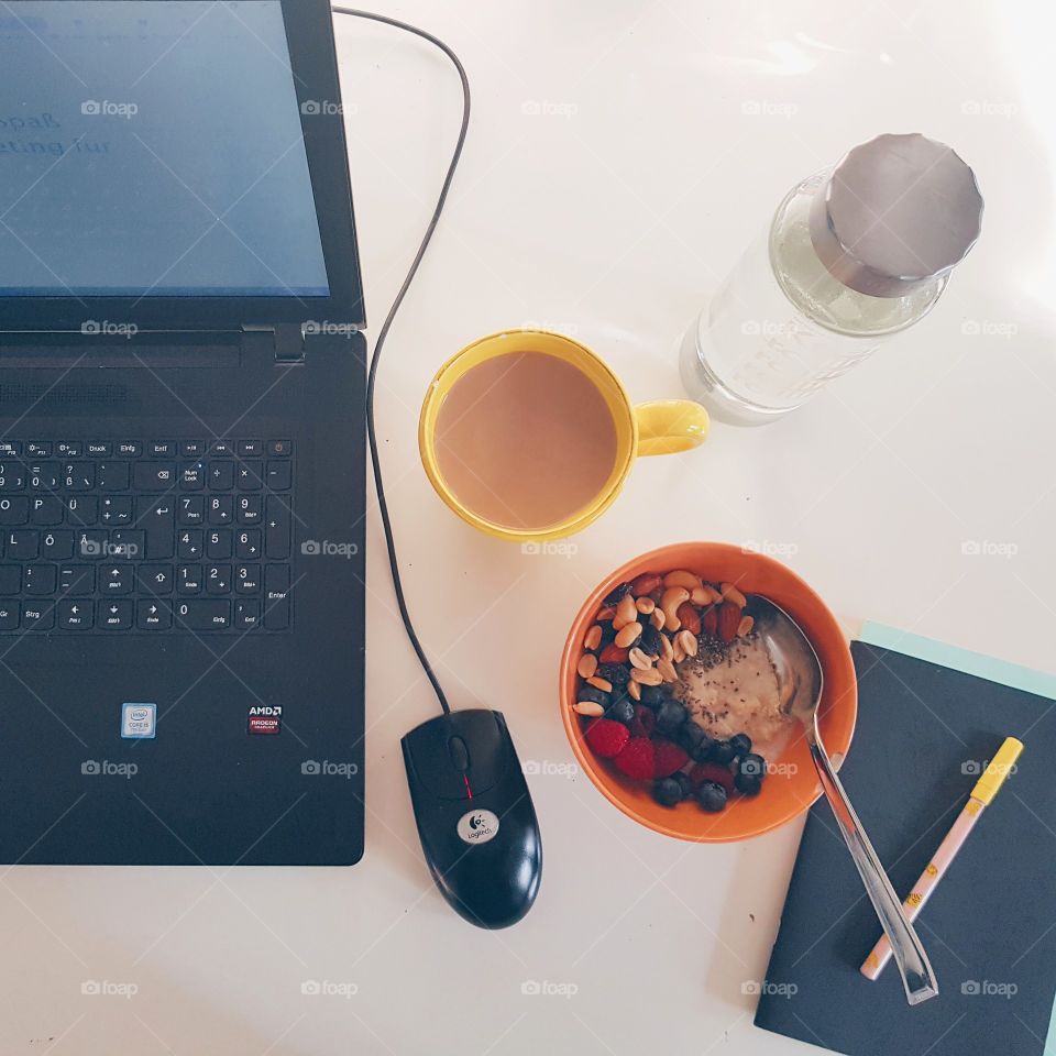 home office - start your day right with porridge, coffee and water.