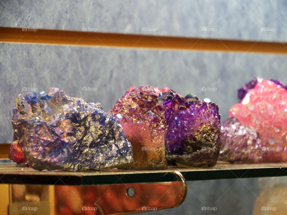 Colorful geodes on display.