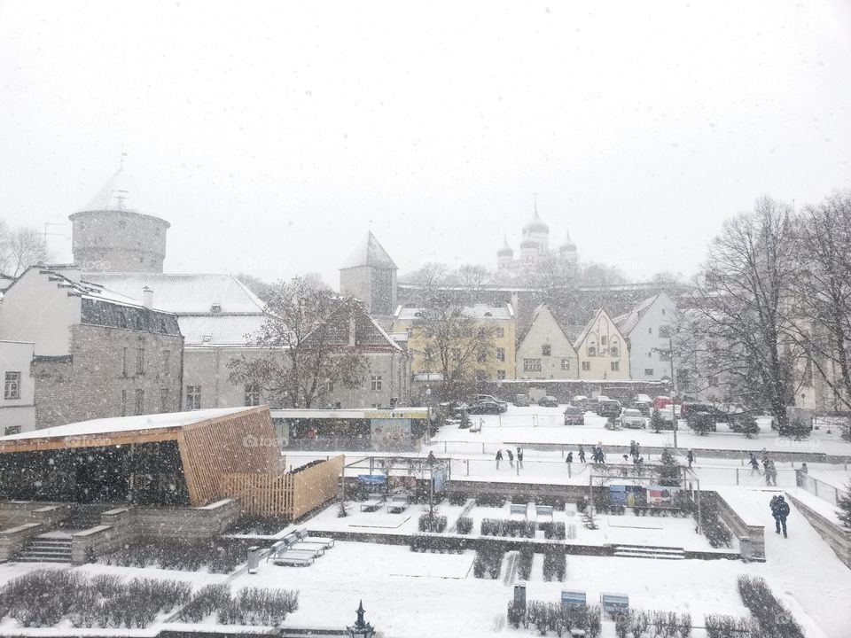 snowing, view from window