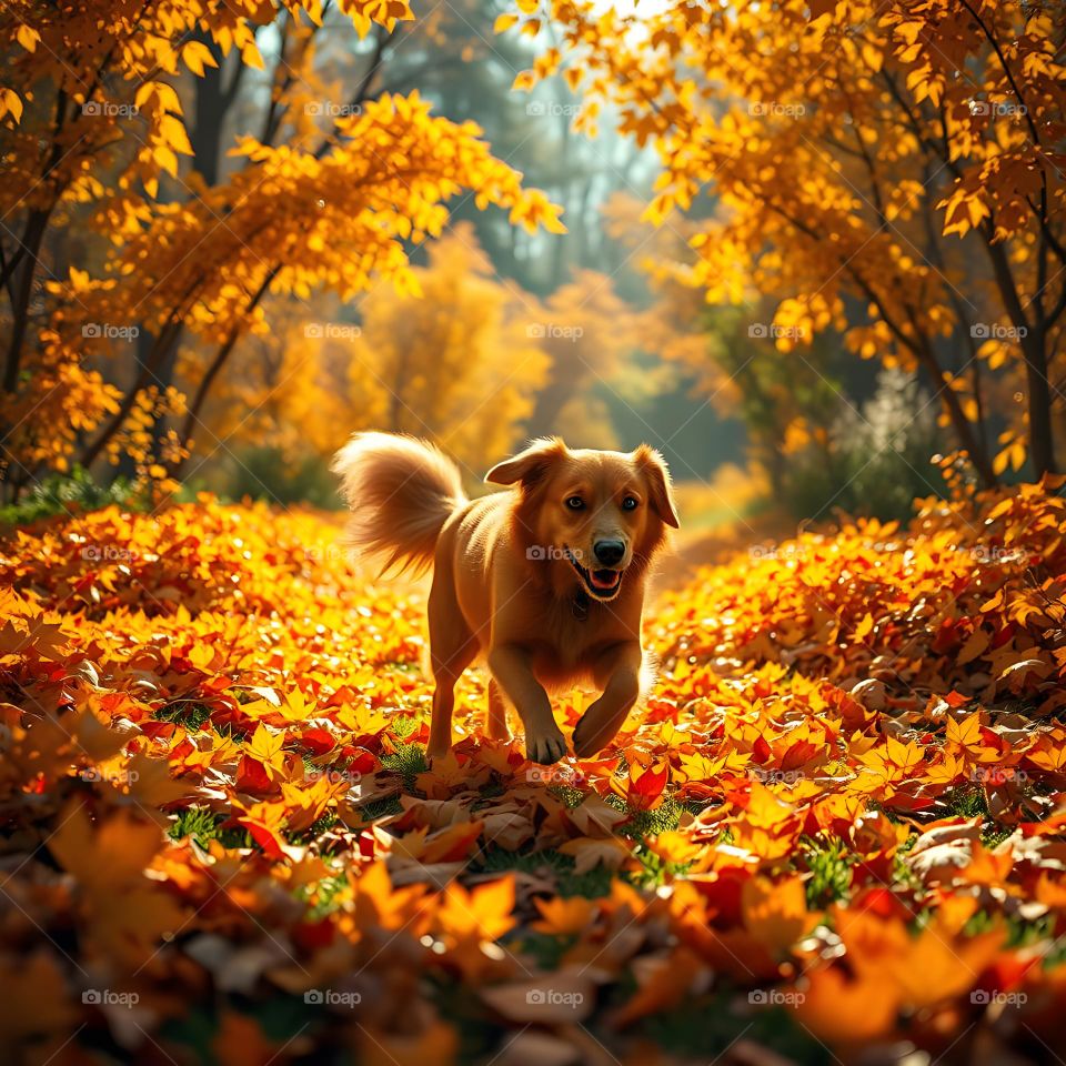 a Dog running in autumn leafs on a sunny day