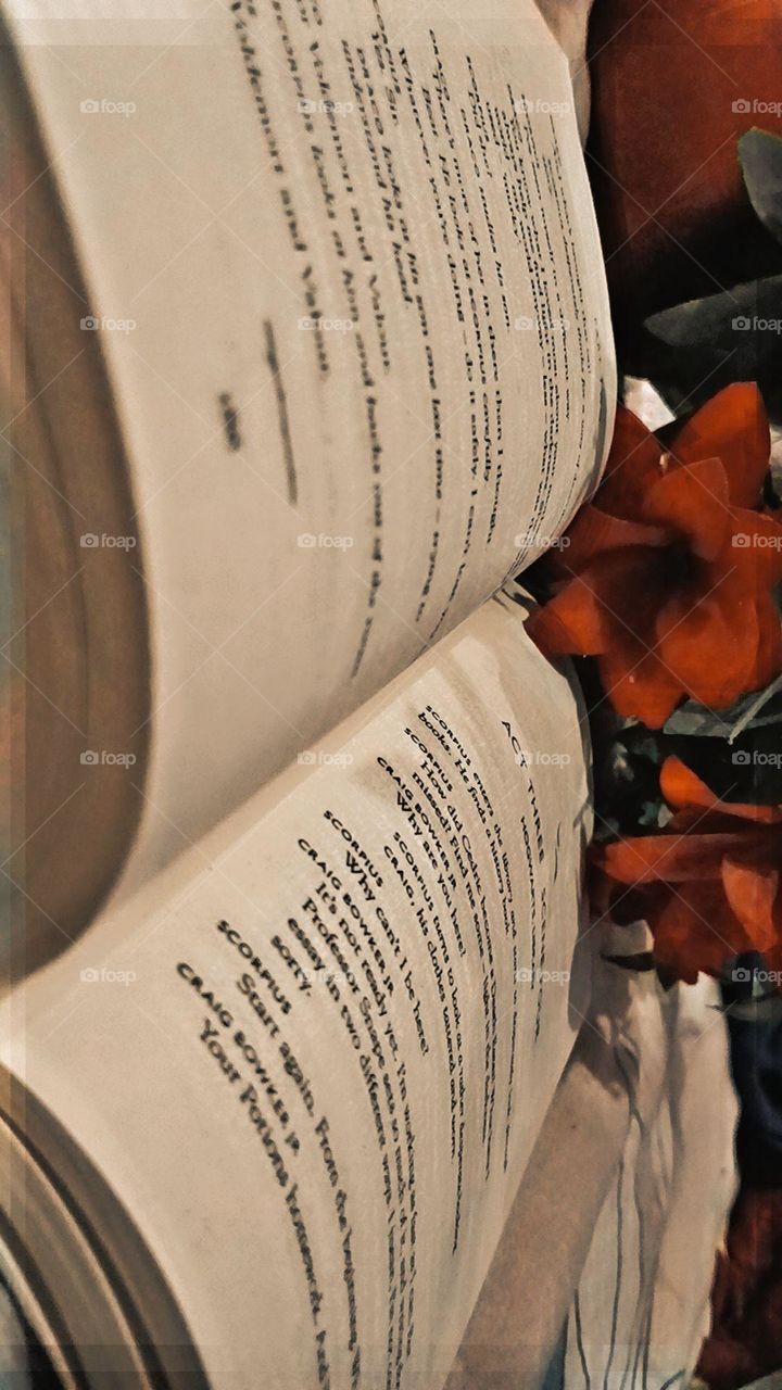 The open book on top of a flower in front of some text seems like a lovely combination of nature and knowledge. It's like a poetic scene captured in a single frame. ๐ธ๐