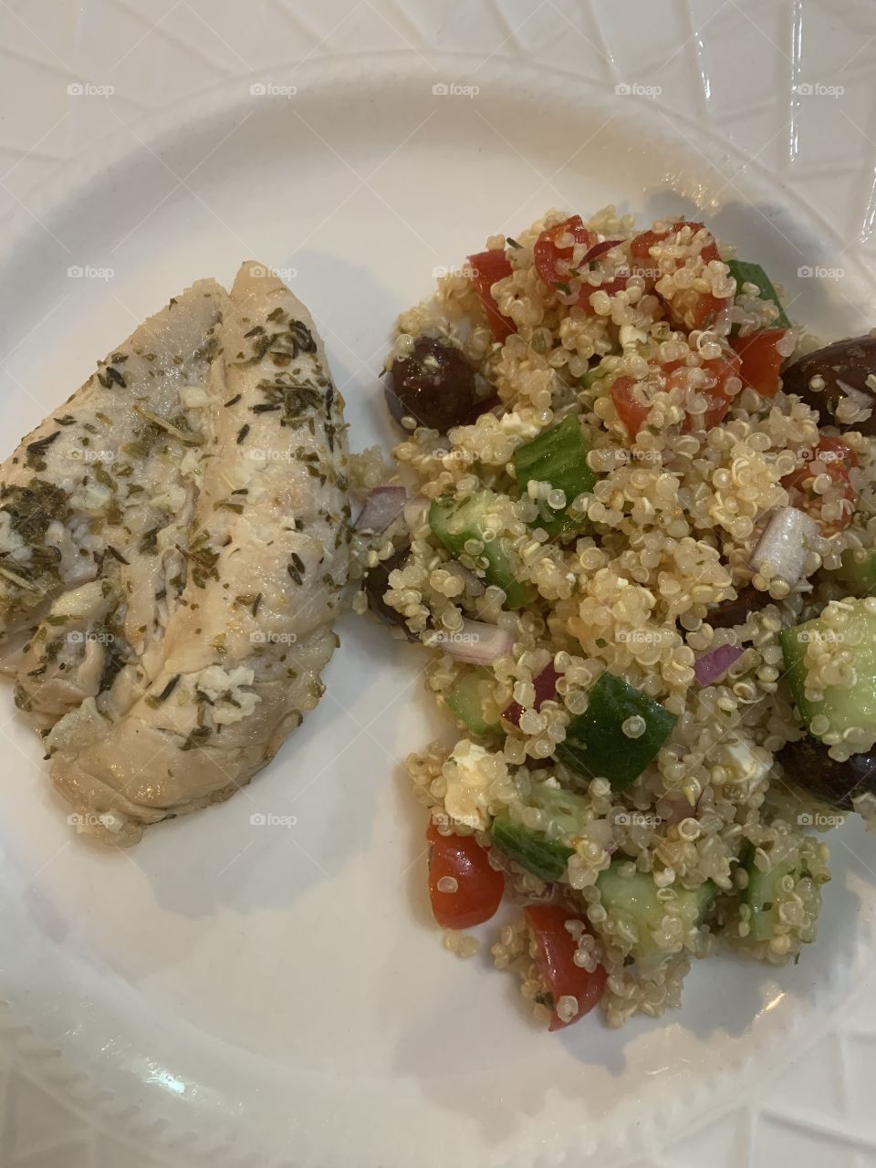 Greek quinoa salad and Greek chicken 