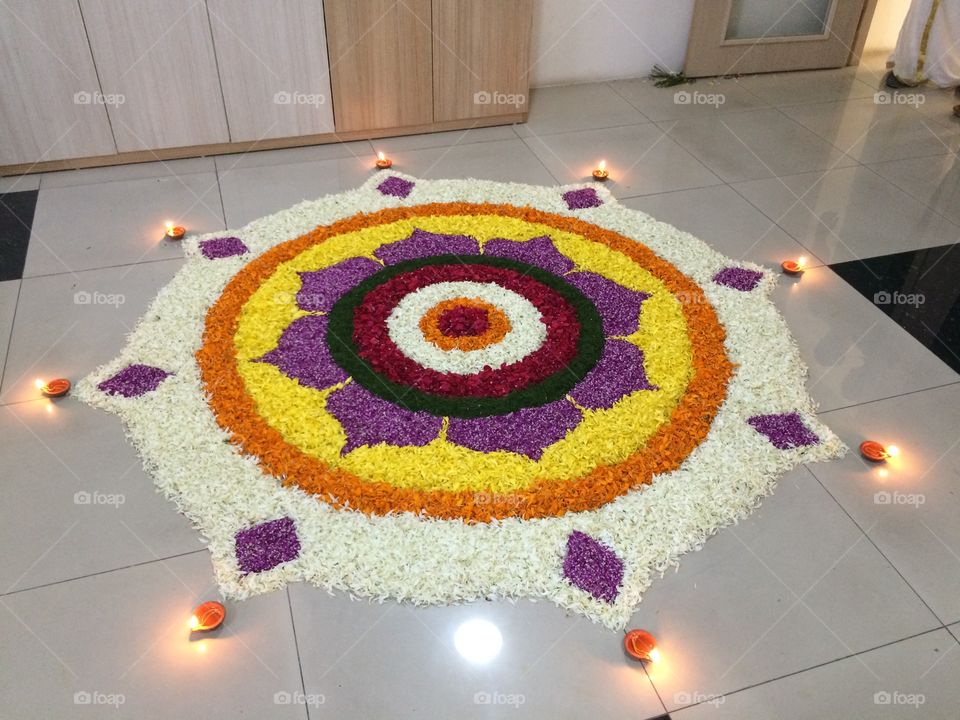 Pookkalam, which is a common scene in Kerala, the southern part of India at the time of Onam Celebration that might be seen in either August, September or October.