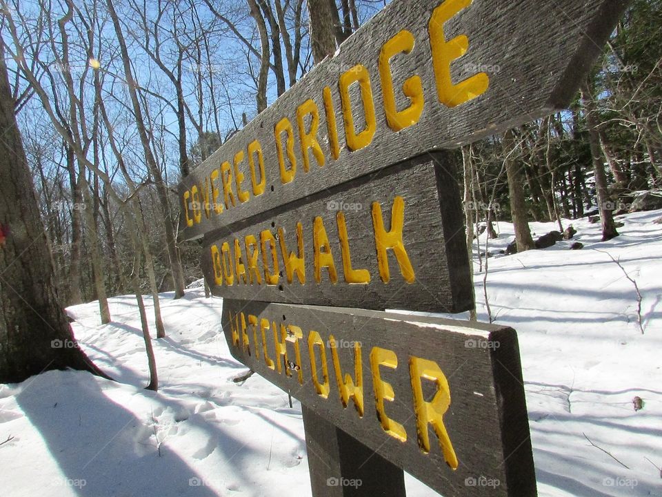 A sign in the woods with a snowy background 