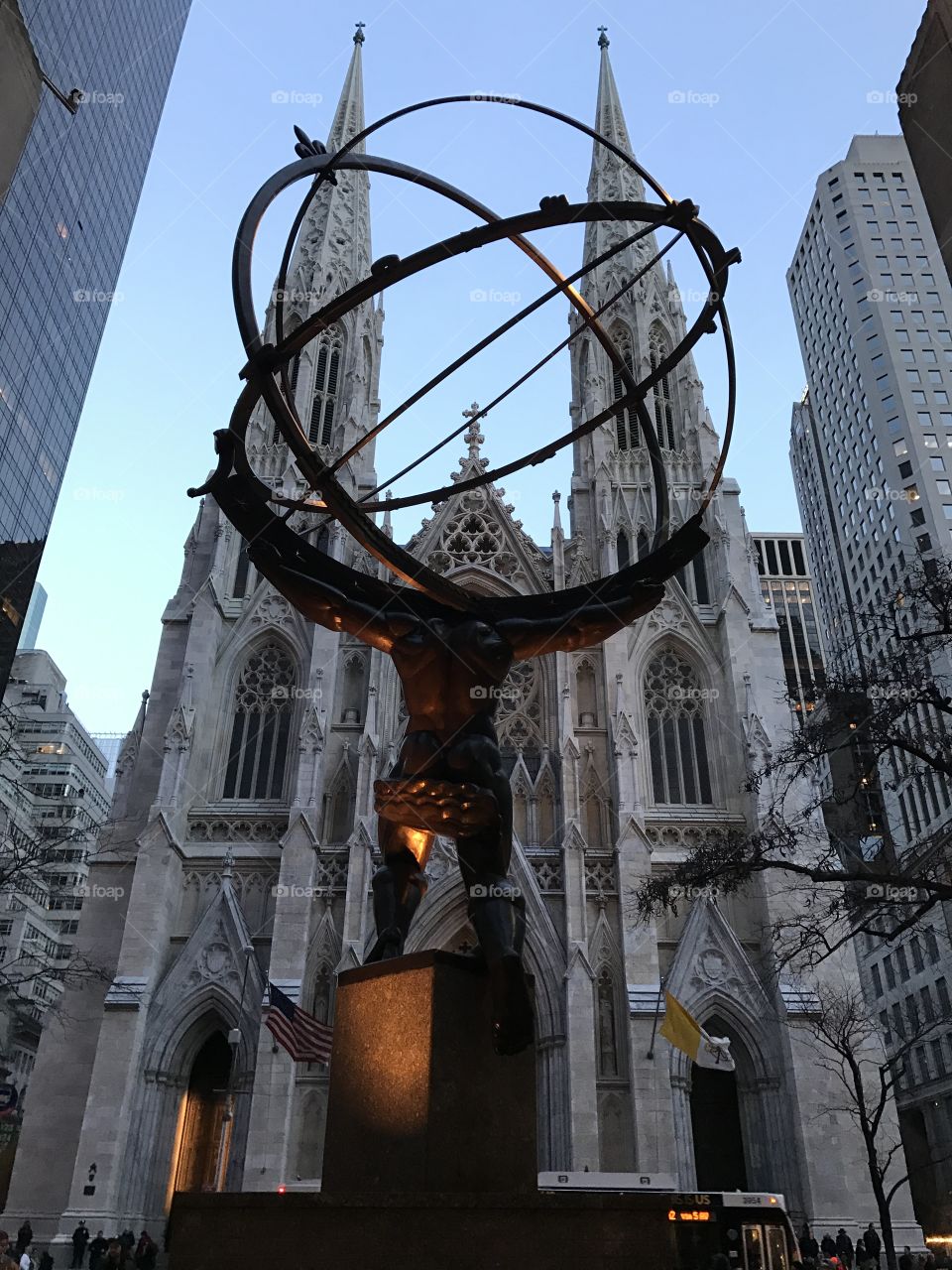 St Patrick's Cathedral seen through the Atlas statue NYC