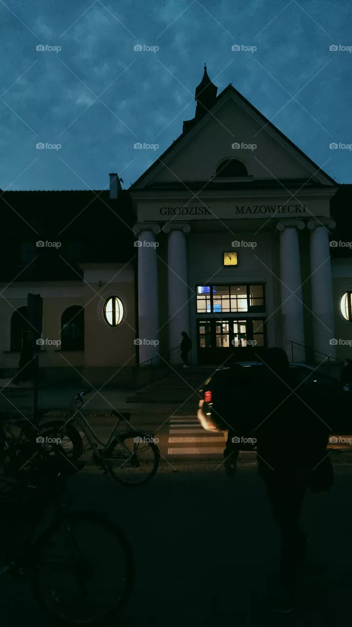 train station in Grodzisk Mazowiecki, Poland a very beautiful building in the style of antiquity ...these columns remind me of sculptures of gods