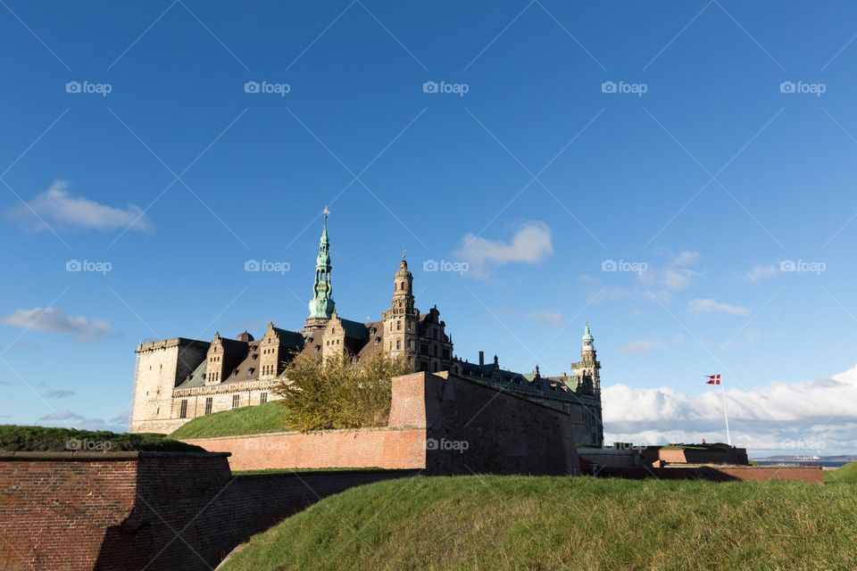 Kronoborg castle on a sunny day with blue sky, Shakespeare played hamlet here, amazing architecture in Helsingor Denmark