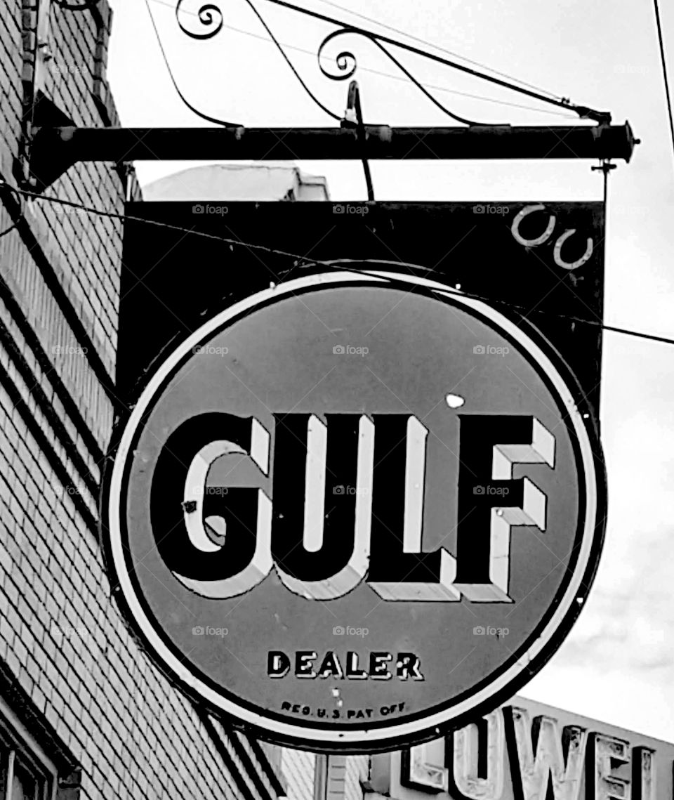 Metal sign, Gulf, Lowell AZ, monochrome