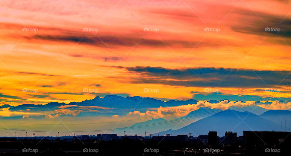 sunset, clouds, mountains, colors, outdoor, roof, skyline,