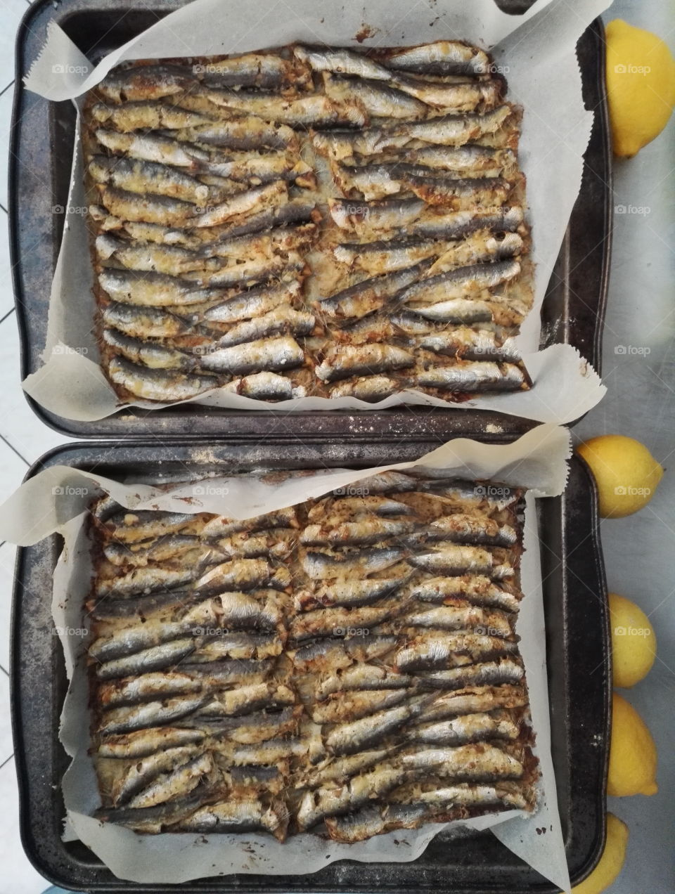 sardines, European pilchard, baked in wood fired oven
