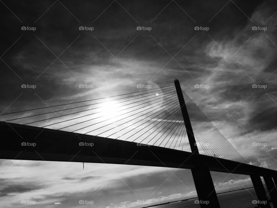 Sunshine Skyway Bridge from underneath in black and white
