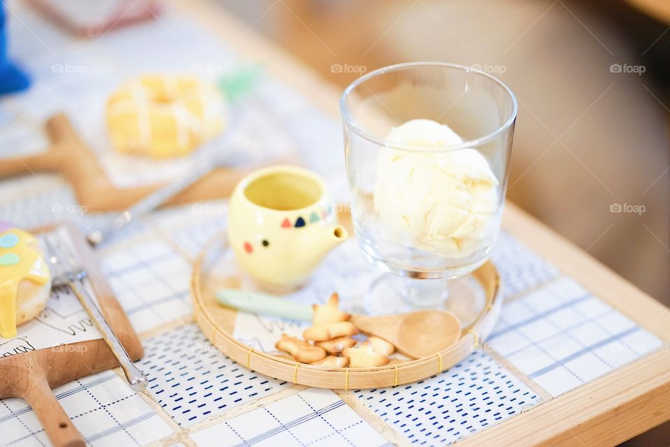 Affogato coffee with ice cream. Espresso shot and a scoop of vanilla ice cream.