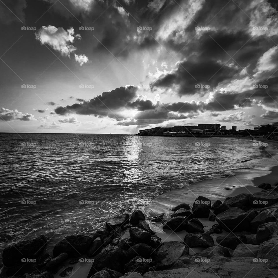 Black and white dynamic sunset over the ocean in the Caribbean