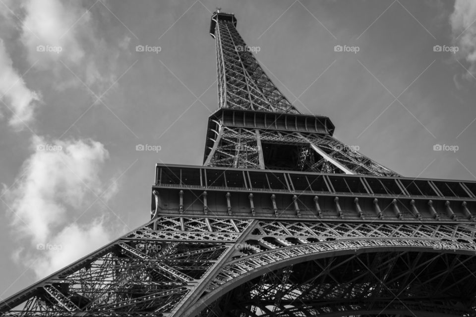 View of the Eiffel tower from below.
