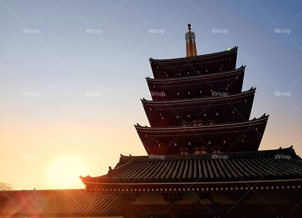 The top of the pagoda in the beautiful sunset