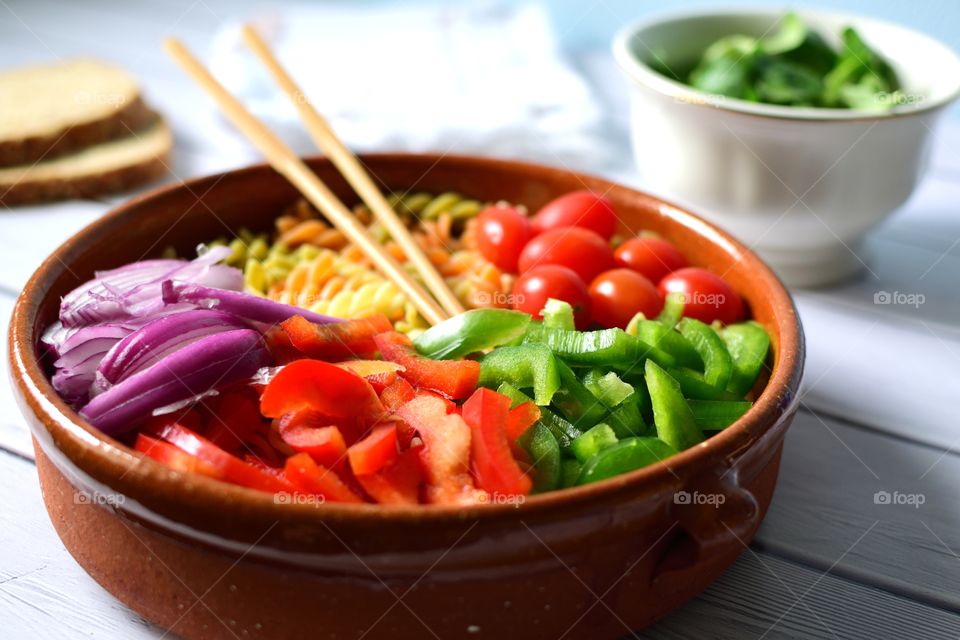 Tricolor fusilli and vegetables