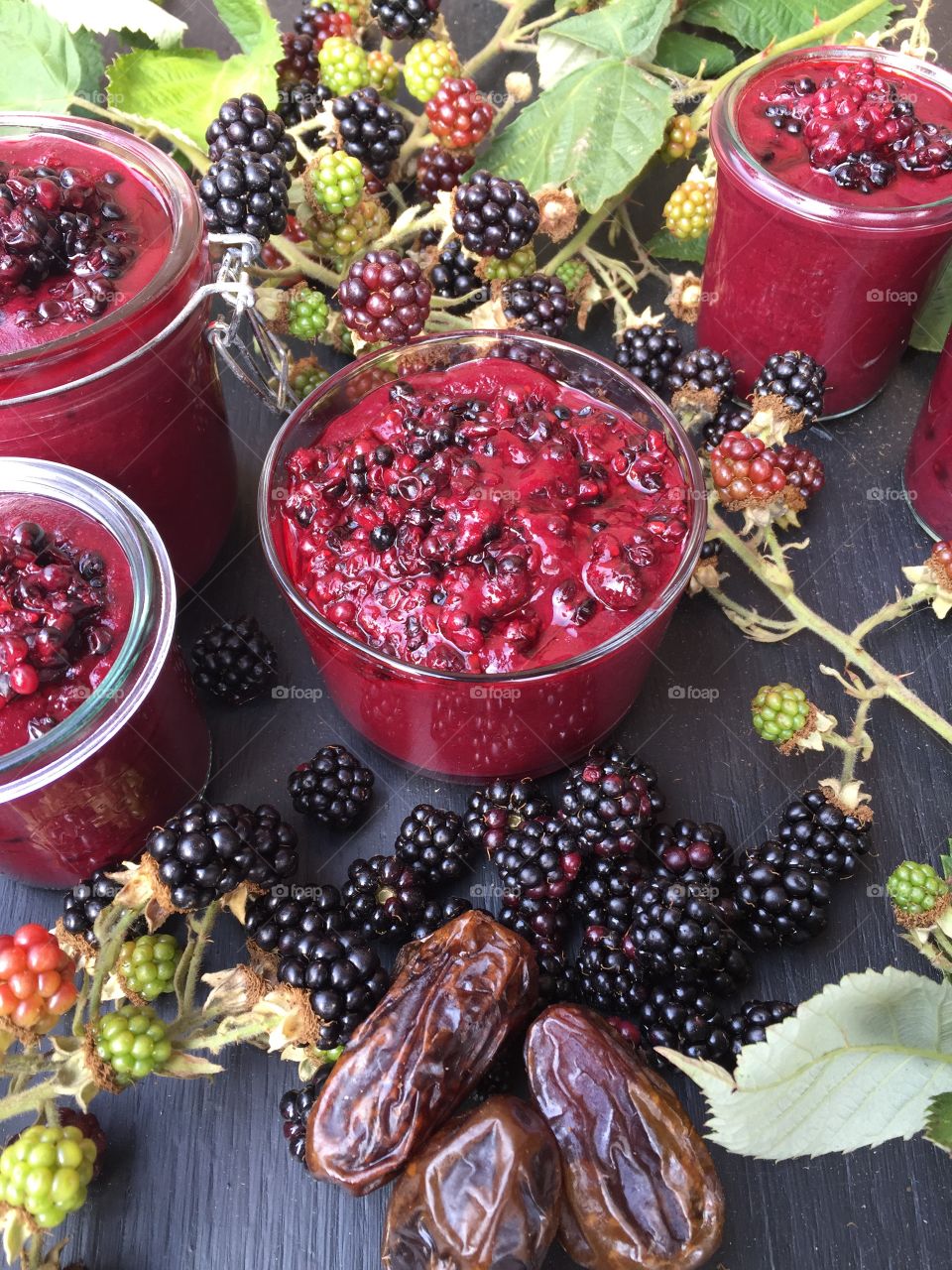 Raw Blackberry Jam with lemon, chia seeds and dates