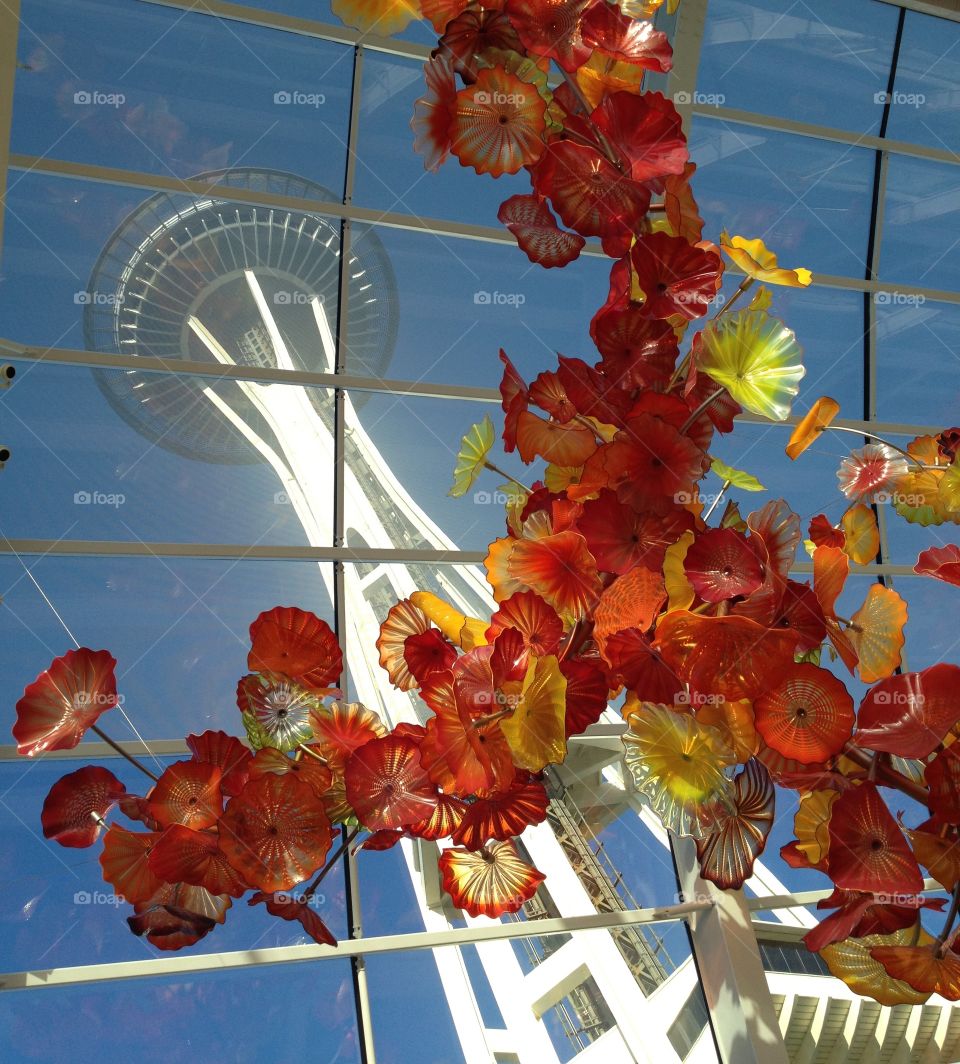 Space Needle Through Glass. View of the Seattle Space Needle through the ceiling of the Chihuly glass museum