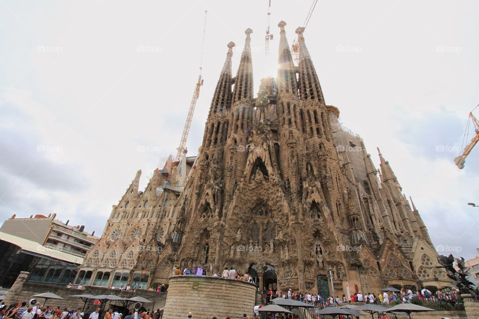 Sangrada familia with Ray of light at top of cathedral 