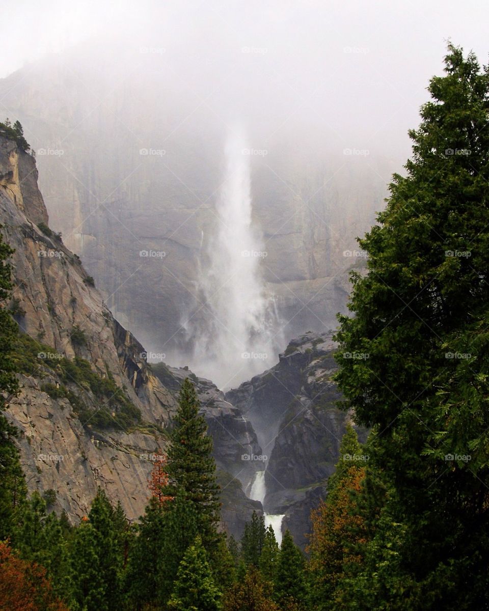 Yosemite Falls out of the clouds
