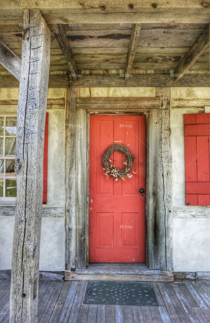 Historic House. Wreath on Red Door of Historic House Built by German Immigrants Around 1865