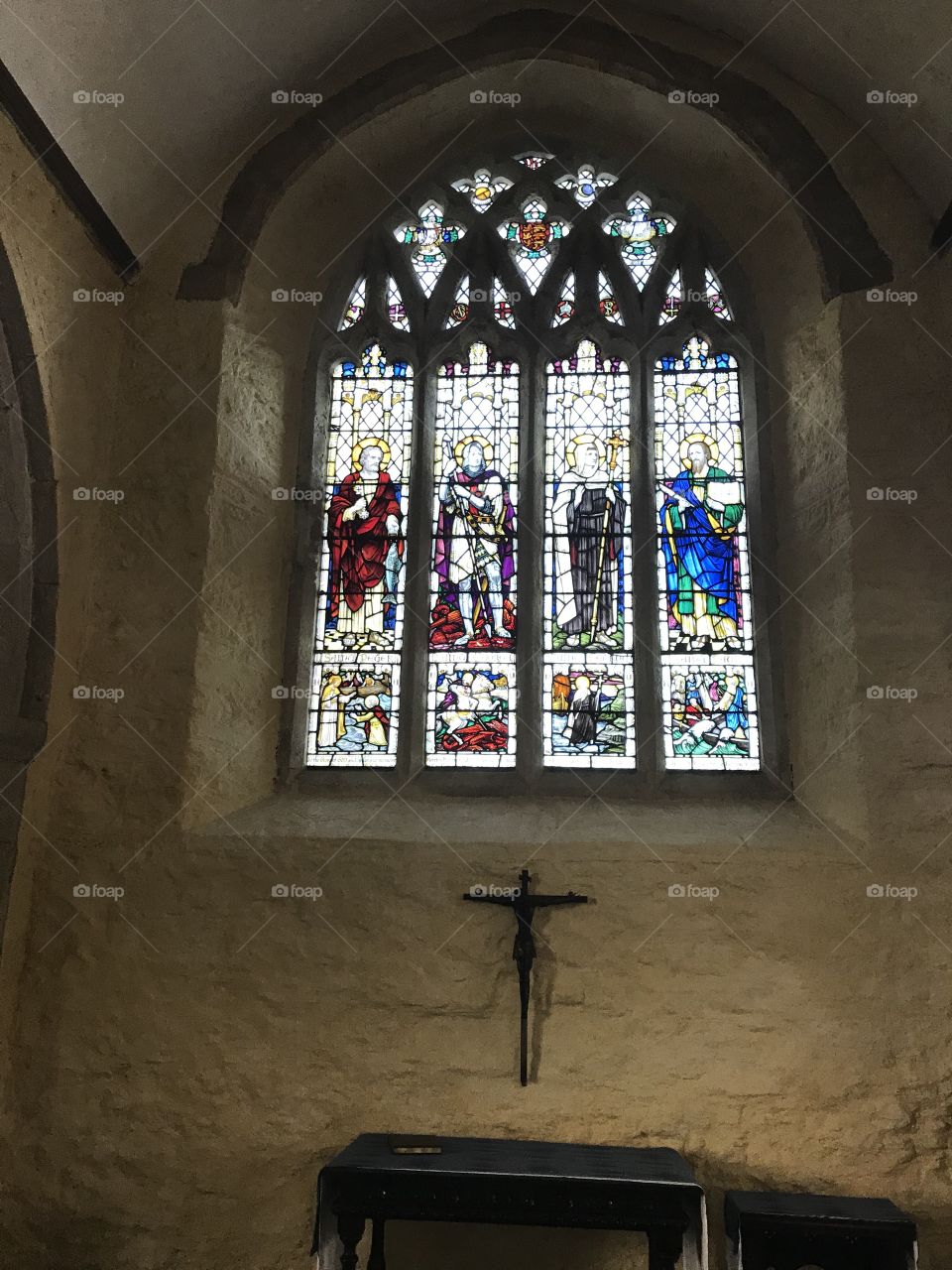 One of a number of impressive and transparent pieces of stained glass to be found at St Petrox Church at Dartmouth Castle.
