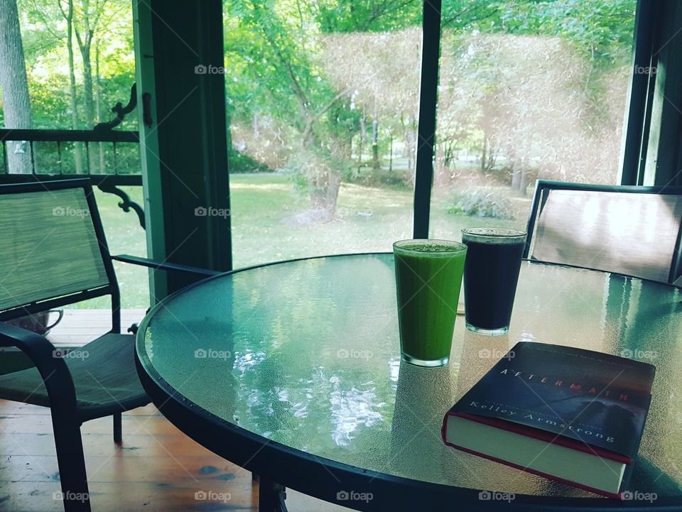 Morning smoothies on Pelee island, while reading a book.