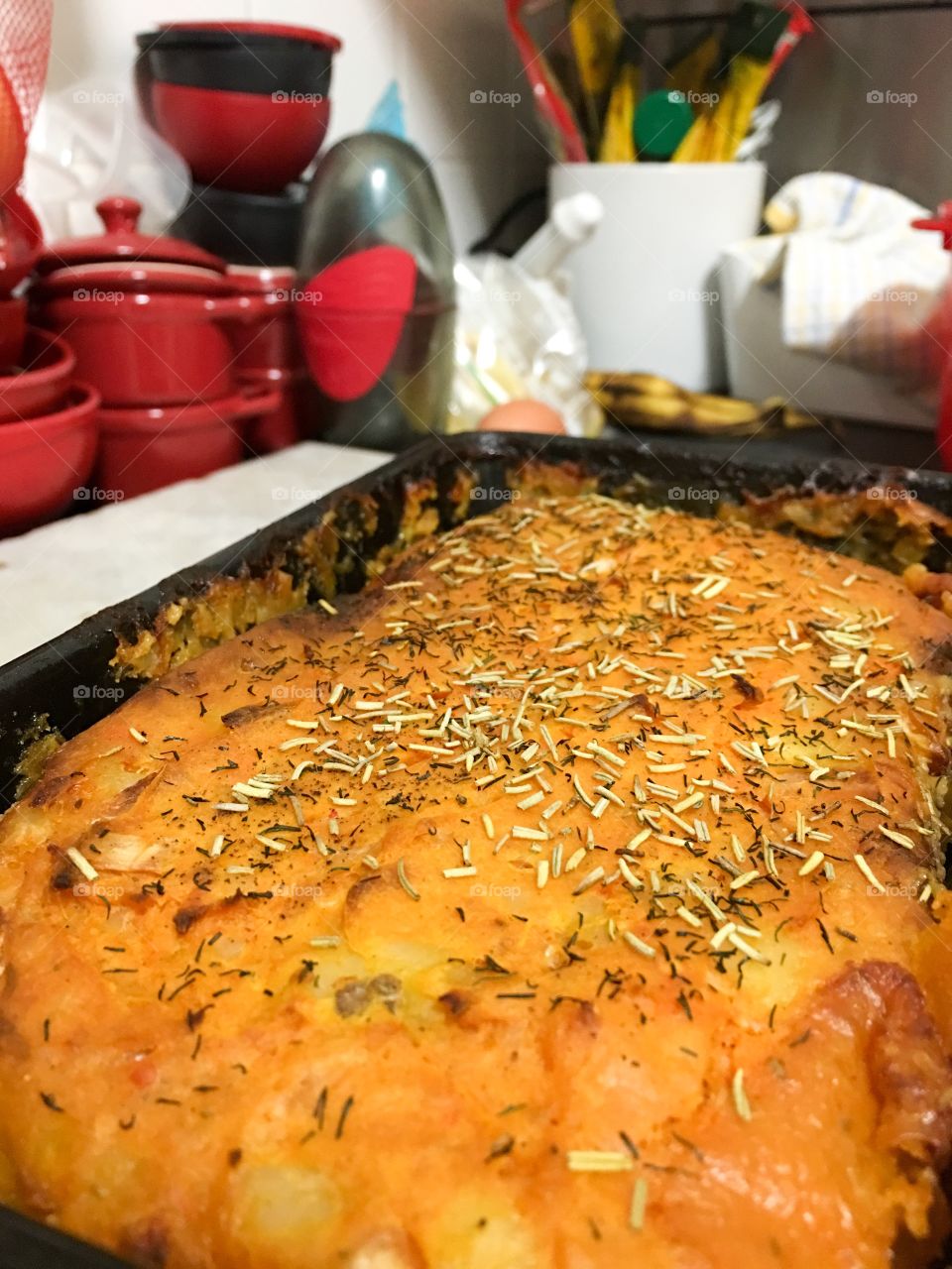 Canadian traditional food shepherds pie, a casserole of beef vegetables and gravy topped with mashed potatoes and baked 