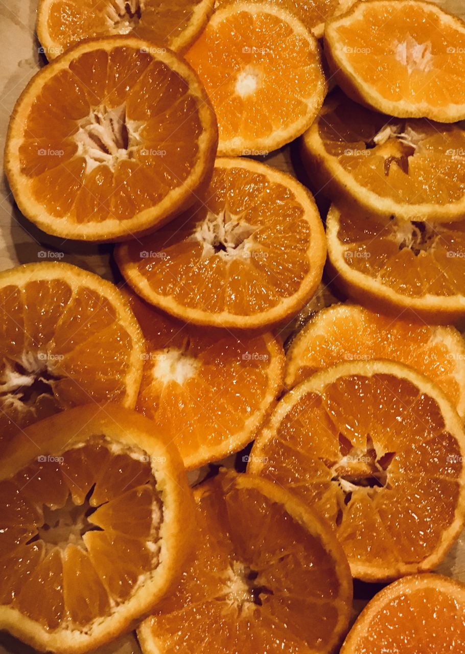 Fruit- Dried, dehydrated orange slices displayed 