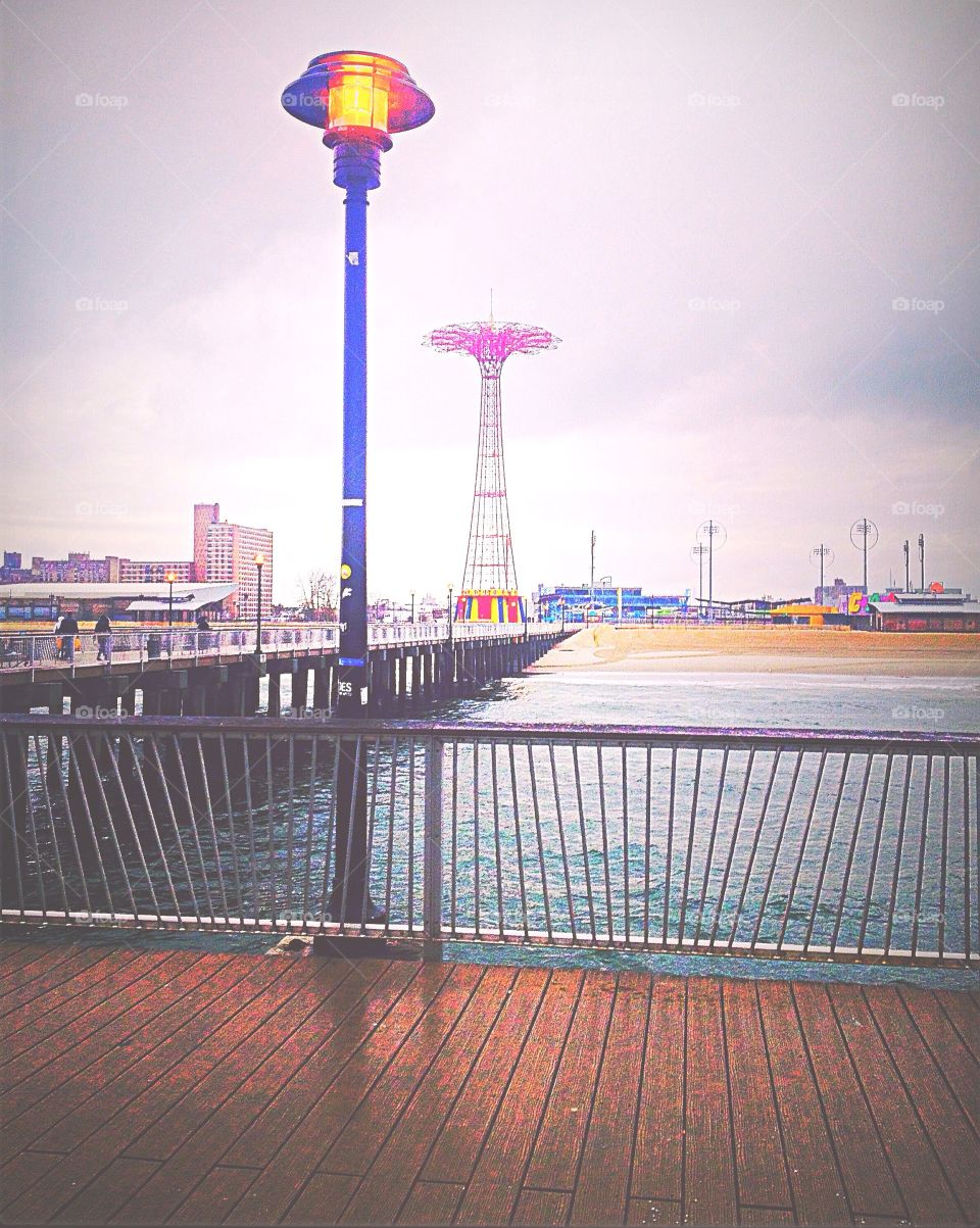 A rainy day on Coney Island Boardwalk.