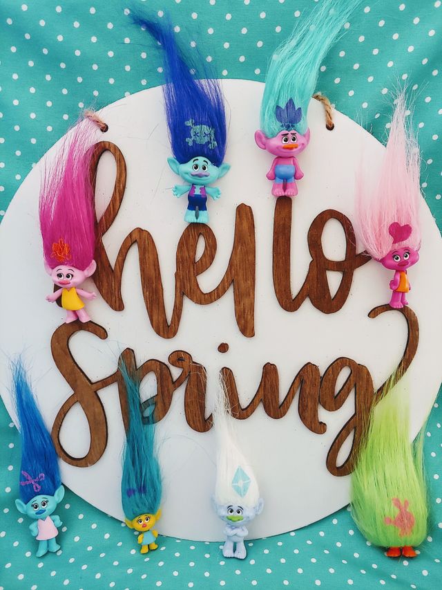 Hello Spring Wood Lettering Sign with Disney Troll Characters