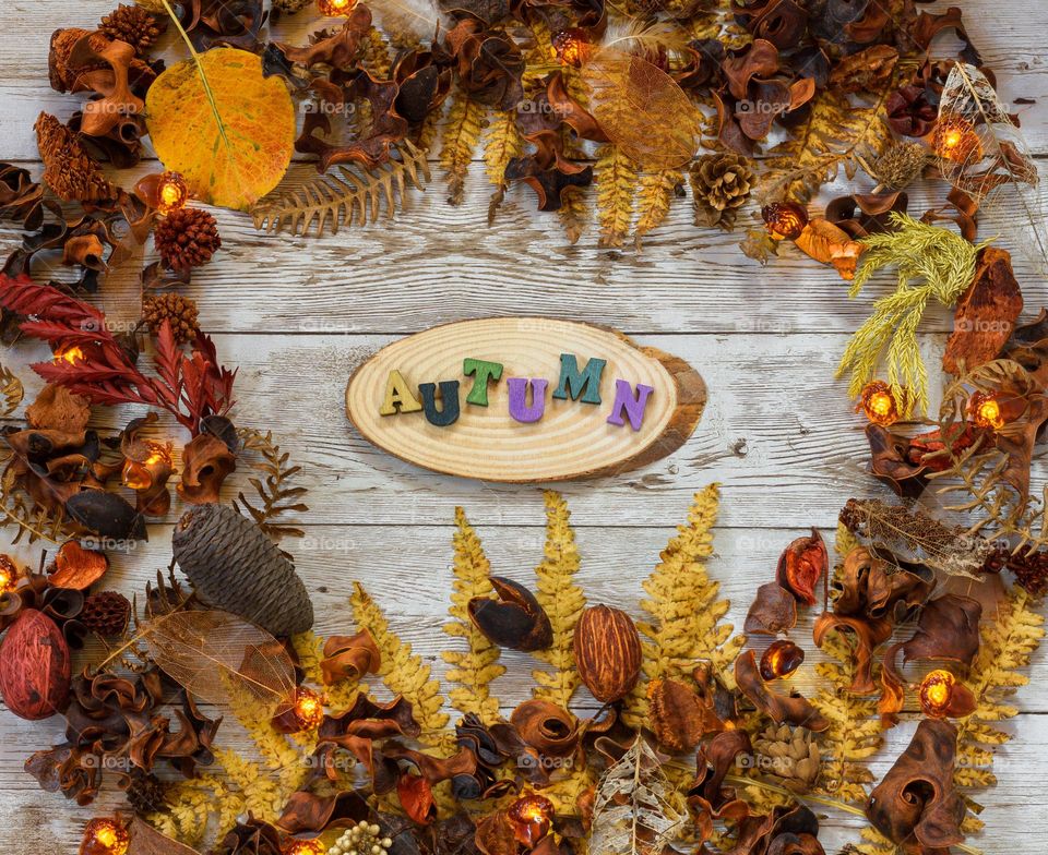 Autumnal flat lay on wooden background 