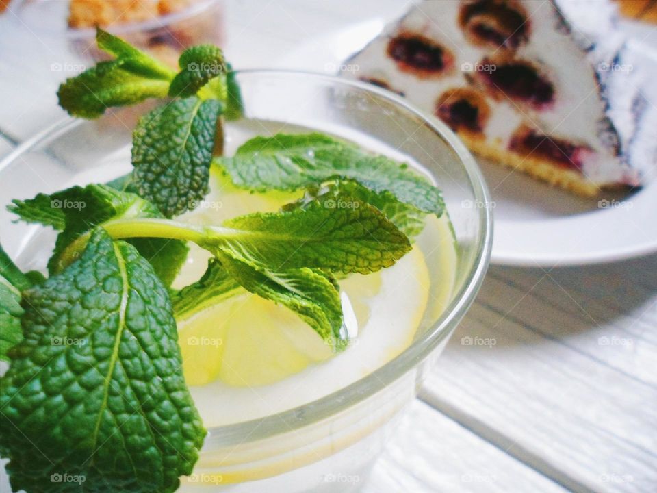 cocktail of lemon and mint leaves