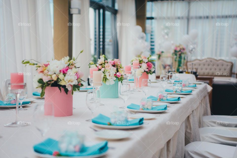 Preparing for a banquet. Wedding decorations