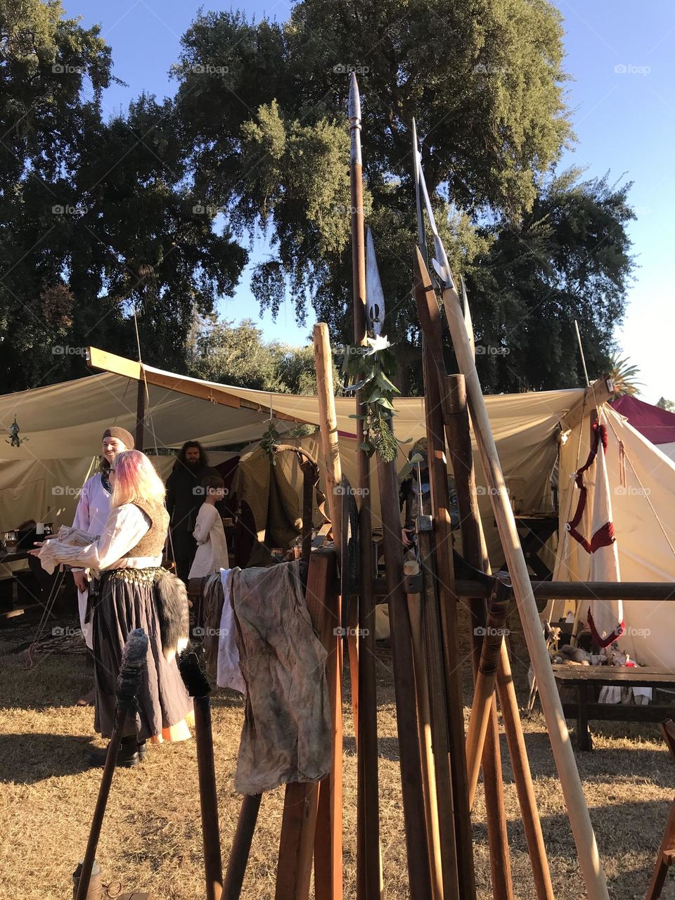 An assortment of battle-ready polearms displayed on a wooden rack at the Irish re-enactment guild’s encampment during the Kearney Park Renaissance Faire.