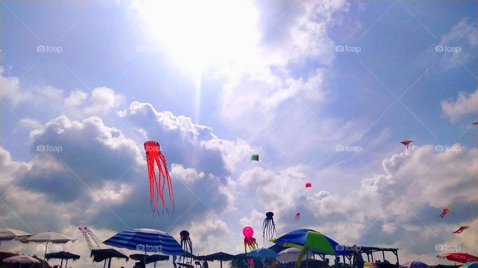 Cloudy sky/ Kites in the sky/ Blue sky with clouds and kites /Clouds with octopus kites in the sky over the beach/ Beach umbrellas, kites in different forms and sizes and clouds